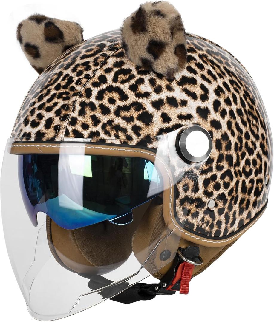 Vintage Glossy PU Leather 3/4 Motorcycle Helmet, DOT Certified Open Face Helmets with Dual Visor,Half Face Moped Helmet for Cruiser Scooter (Small, Style A-Long Lens) Vintage Glossy PU Leather 3/4 Motorcycle Helmet, DOT Certified Open Face Helmets with Dual Visor,Half Face Moped Helmet for Cruiser Scooter (Small, Style A-Long Lens)