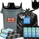 55-60 Gallon Trash Bags Heavy Duty 150 Count Bulk with 4 Innovative Flap Ties | Compatible with Rubbermaid Brute & Winco & Behrens 50-60 Gallon Round Trash Can | Tear & Leak Resistant Black