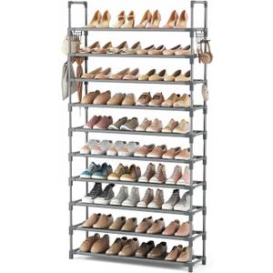 VTRIN 10 Tiers Shoe Rack Tall Large Capacity Wide Shoe Organizer Sturdy Shoe Shelf for Entryway with Two Hooks Metal Shoe Storage for Closet, Bedroom, Grey