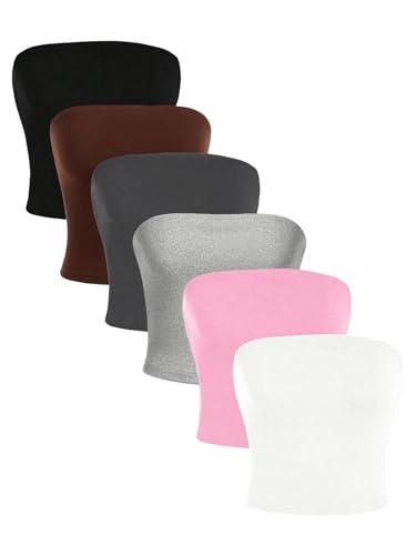 SOLY HUX Women's 6 Piece Tube Top Strapless Sleeveless Slim Fit Solid Bandeau Crop Tops Multicoloured Small