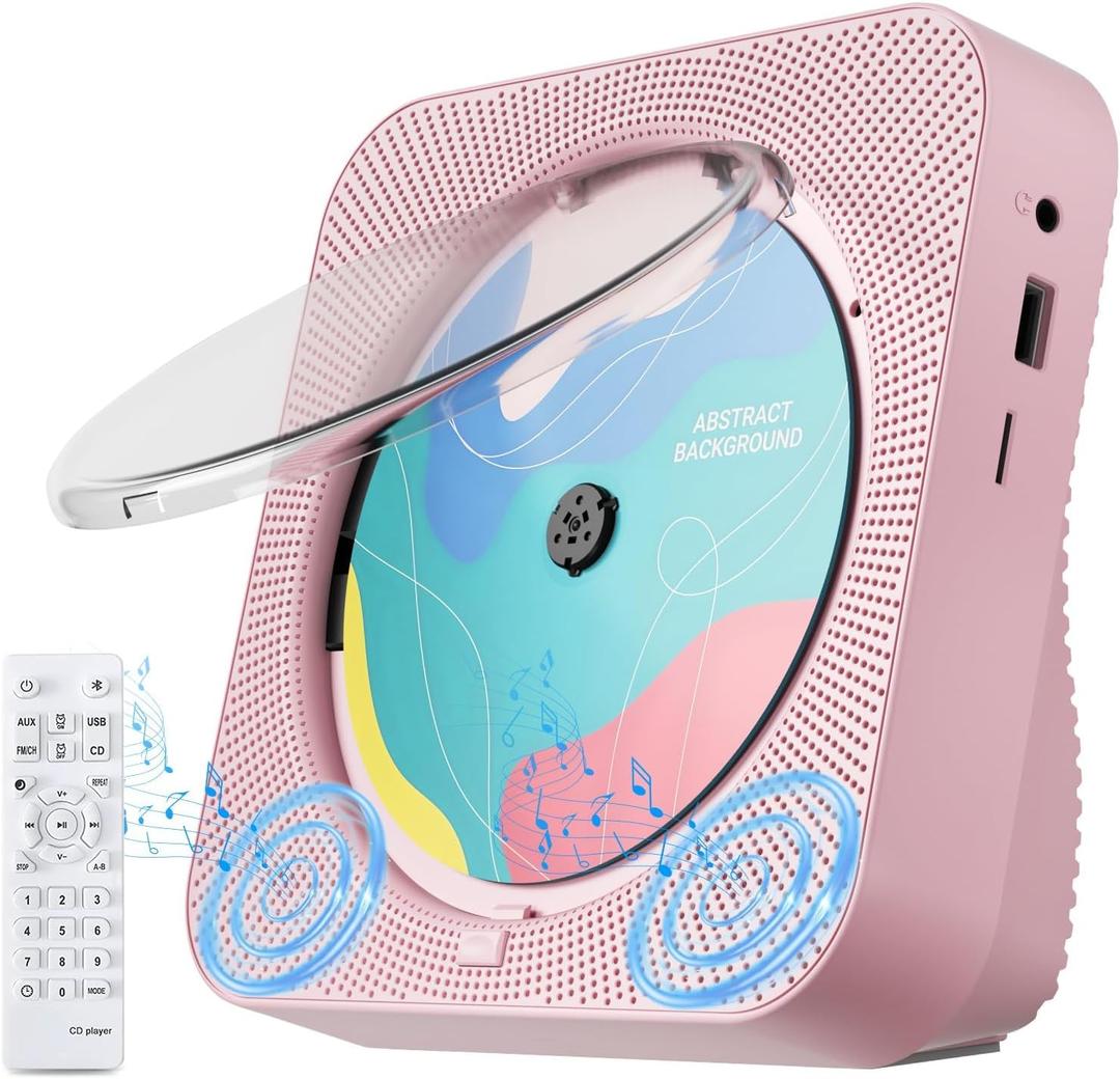 CD Player Portable with Bluetooth 5.1Desktop CD Player with HiFi Sound Speakers,Remote Control,Dust Cover,LED Display,Boombox FM Radio,USB/AUX for Home (Pink)