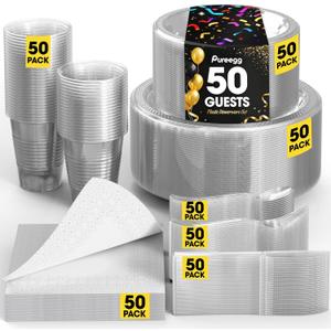 Pureegg Clear Plastic Plates Set - 350 Pcs Complete Dinnerware Sets for 50 Guests, Disposable Plates, Utensils, Cups, Napkins Included, for Party, Gathering, Wedding, Daily Use