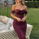 Women's Off the Shoulder Midi Dress Built-in Bra Ruched Corset Bodycon Formal Night Out Cocktail Party Dresses (Purple, M)