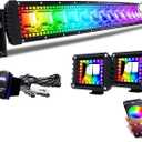 Lpteso RGBW Curved LED Light Bar 42Inch 240W Flood Spot Combo Beam 2PCS 4 Inch 18W Flood RGB LED Pods with 16 Solid Colors Chasing RGB Halo Ring Changing with Strobe Flashing with Rocker Switch Wiring