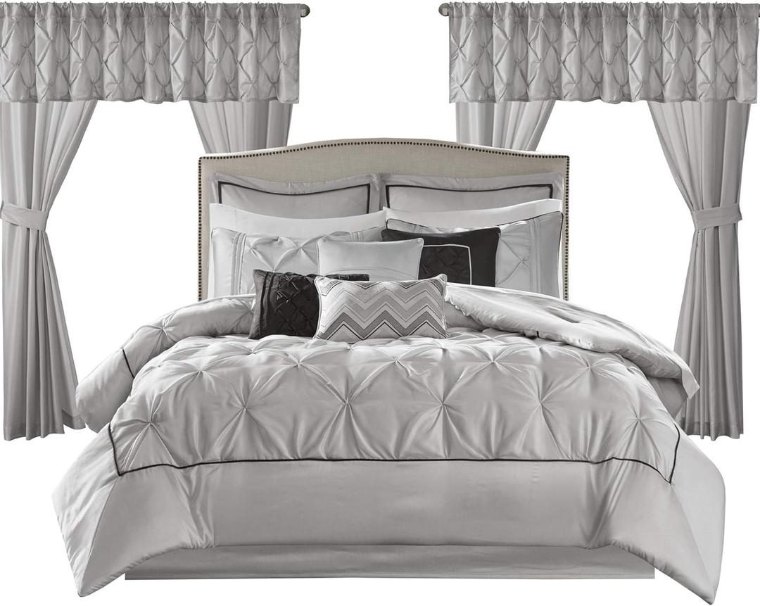 Madison Park Essentials Room in a Bag Faux Silk Comforter Set - Luxe Diamond Tufting All Season Bedding, Matching Curtains, Decorative Pillows, Grey Cal King(104"x92") 24 Piece