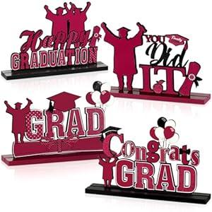 Yulejo 4 Pcs 2025 Graduation Party Decorations Wooden Class of 2025 Graduation Table Centerpieces Congratulate Graduation Table Topper for School Home Grad Ornaments Decoration Party Supply (Blue, Red)