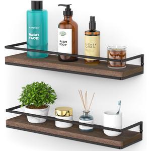 Meangood Floating Shelves Wall Mounted Set of 2, Rustic Wood Wall Storage Shelves for Bedroom,Living Room,Bathroom, Kitchen Brown (Walnut)