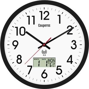 Atomic Wall Clock 12 Inch - Auto DST Modern Analog Battery Operated Silent Wall Clock with Temperature & Digital Calendar for Office Bedroom Kitchen, Round Non-Ticking Classroom & Garage Clock (Black)
