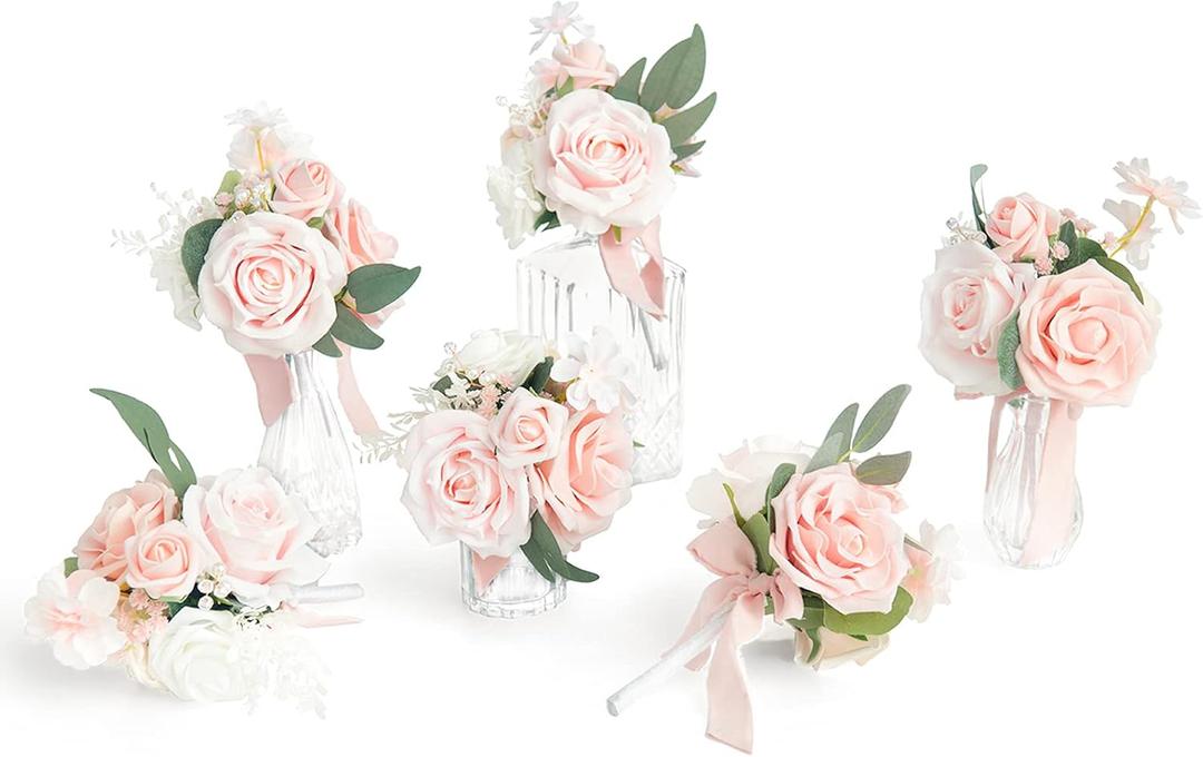 Ling's moment Blush Wedding Flowers Mini Bridesmaid Bouquets Set of 6 Dusty Pink Rose Pre-Made Small Floral Wedding Centerpieces (Blush)