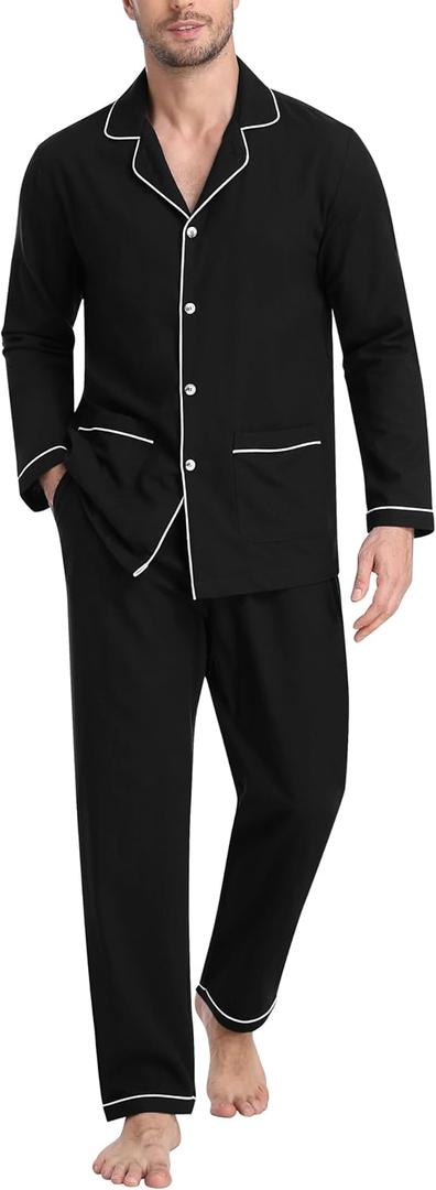 MoFiz Men's Pajama Set Soft Cotton Button Down Notched Collar Pjs Long Sleeve 2 Piece Sleepwear Lounge Nightwear with Pocket (Medium, Black)