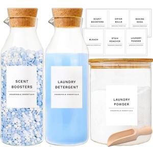 KOSKIMER Glass Laundry Detergent Dispenser Set, Liquid Detergent Containers, Scent Booster & Bleach Dispenser for Laundry Room (2 Bottles & Jar)