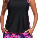 Women Tankini Swimsuit with Shorts - Tummy Control Two Piece Bathing Suit 2025 Swimwear with Sporty Pockets (Medium, Pink Palm)