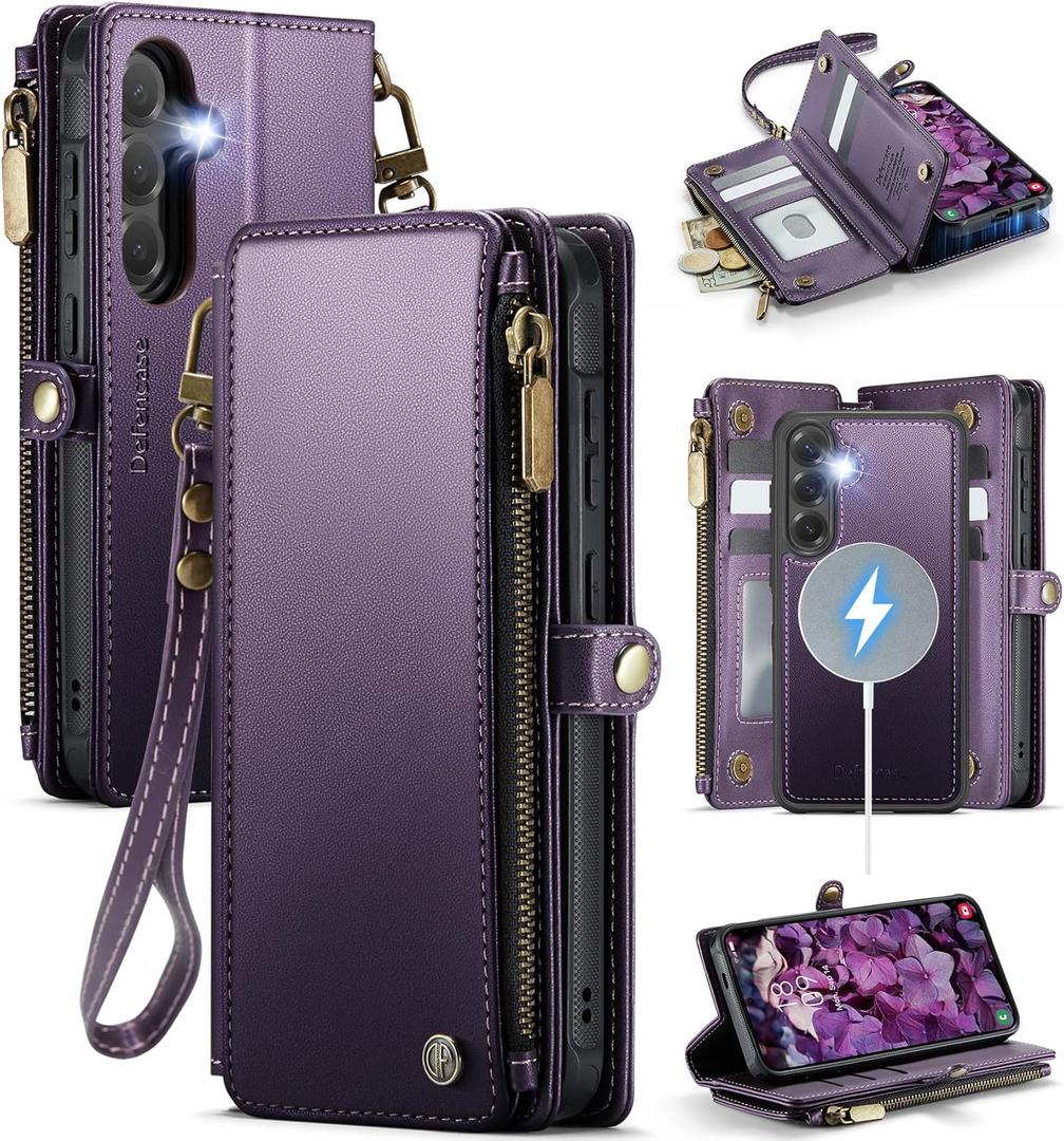 Defencase for Galaxy S24 Magnetic Wallet Case Compatible with Magsafe with RFID Blocking Zipper & Card Holder for Women Men, PU Leather Detachable Phone Case for Samsung Galaxy S24 5G 6.2", Purple