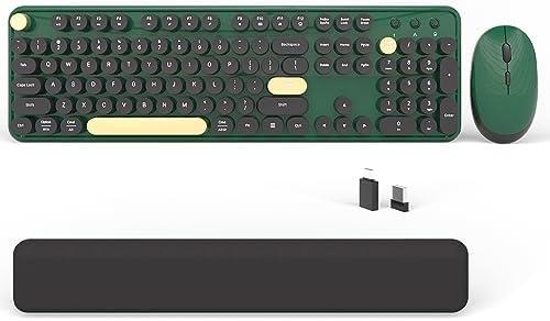 Colorful Wireless Computer Keyboards Mouse Combos, Cute Retro Typewriter Keyboard with Round Keycaps, 2.4 GHz 104 Keys Full-Sized USB/Type C Receiver Keyboard and Optical Mouse（Dark Green）