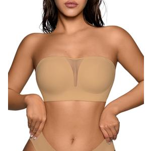 Seamless Wireless Strapless Bras for Women - V-Neck Full Coverage Strapless Bralette No Underwire Convertible Tube Top Bra (Large, Brown Skin)