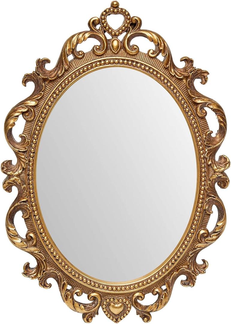JANDERART Small Vintage Oval Mirror 11 x 7.7 Inch, Antique Ornate Decorative Mirror for Desk & Wall, Vanity Mirror for Makeup Wall Decor, Gold