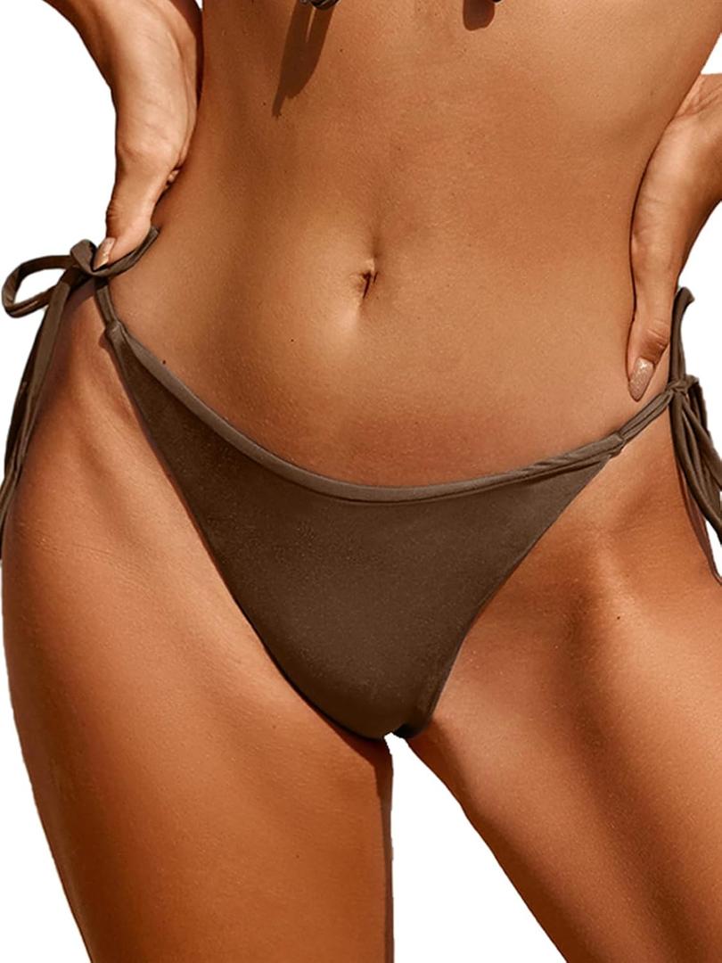 Rajputana Women's Tie Side Solid Bikini Bottom String Sexy Brazilian Bathing Suits Bottoms (Brown)
