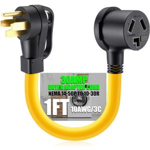 Kanayu 50Amp to 30Amp Dryer Adapter Cord compatible with NEMA 14-50P Male to 10-30R Female, 4 Prong Male to 3 Prong Female Power Cord For RV Generator to Dryer Handle, STW 10 AWG/3C, 1FT, ETL Listed (Yellow)