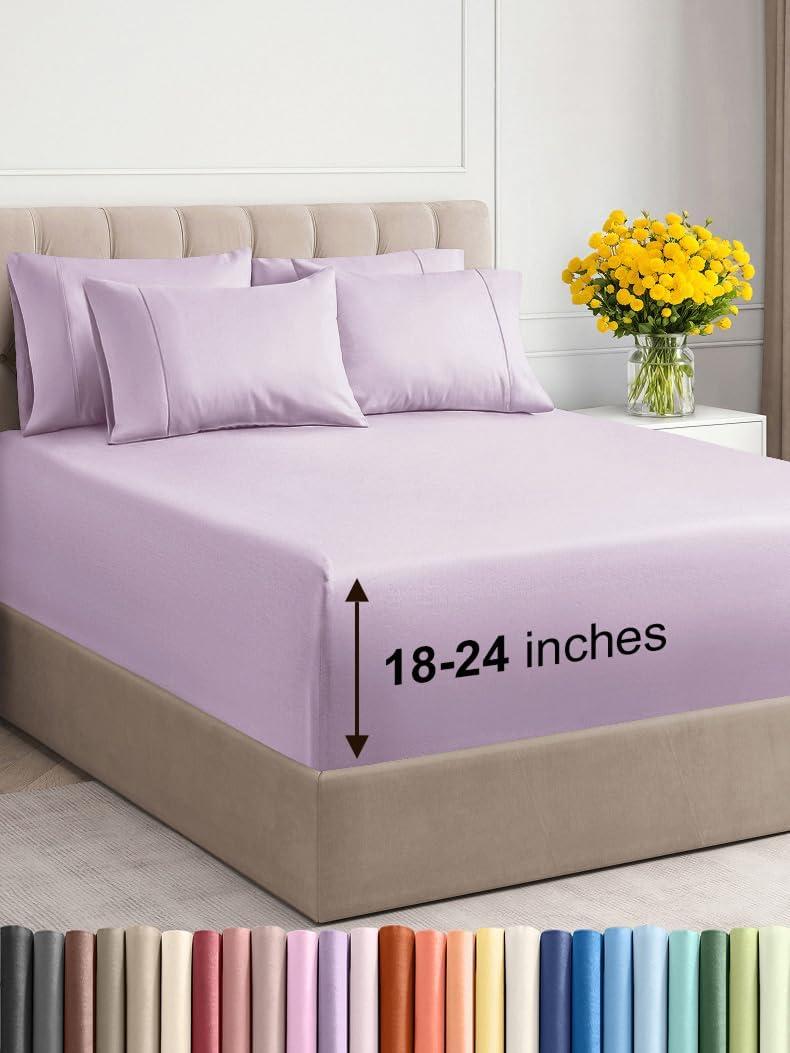 Extra Deep Queen Sheet Set - 6 Piece Breathable and Cooling Sheets - Hotel Luxury Bed Sheets Set - Easy Fit - Soft, Wrinkle Free and Comfy Sheets Set - Light Lavender Sheet Set with Extra Deep Pockets