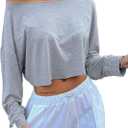 Avanova Women Off The Shoulder Crop Tops Long Sleeve T Shirts Oversized Loose Tee (Small, Grey)