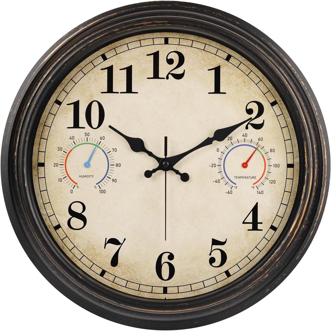 16 Inch Large Outdoor Clock with Thermometer and Hygrometer Combo, Waterproof Indoor Outdoor Wall Clocks for Patio, Pool, Garden, Backyard Decor- Retro Bronze