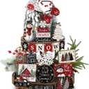 1 Set of Holiday Tiered Tray Decor Christmas Tiered Tray Decorations Set Truck Wooden Signs Farmhouse Table Decorations for Home Table Shelf (Winter Buffalo Plaid)