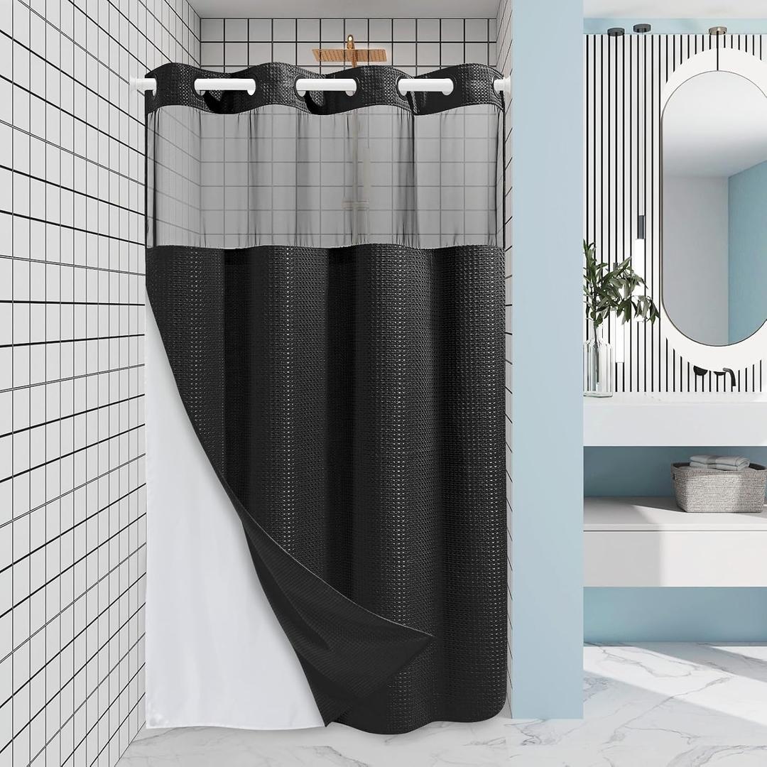EUTXL Black Stall Shower Curtain with Liner - 230GSM Waffle Textured Heavy Duty Shower Curtains for Bathroom,54W x 80H