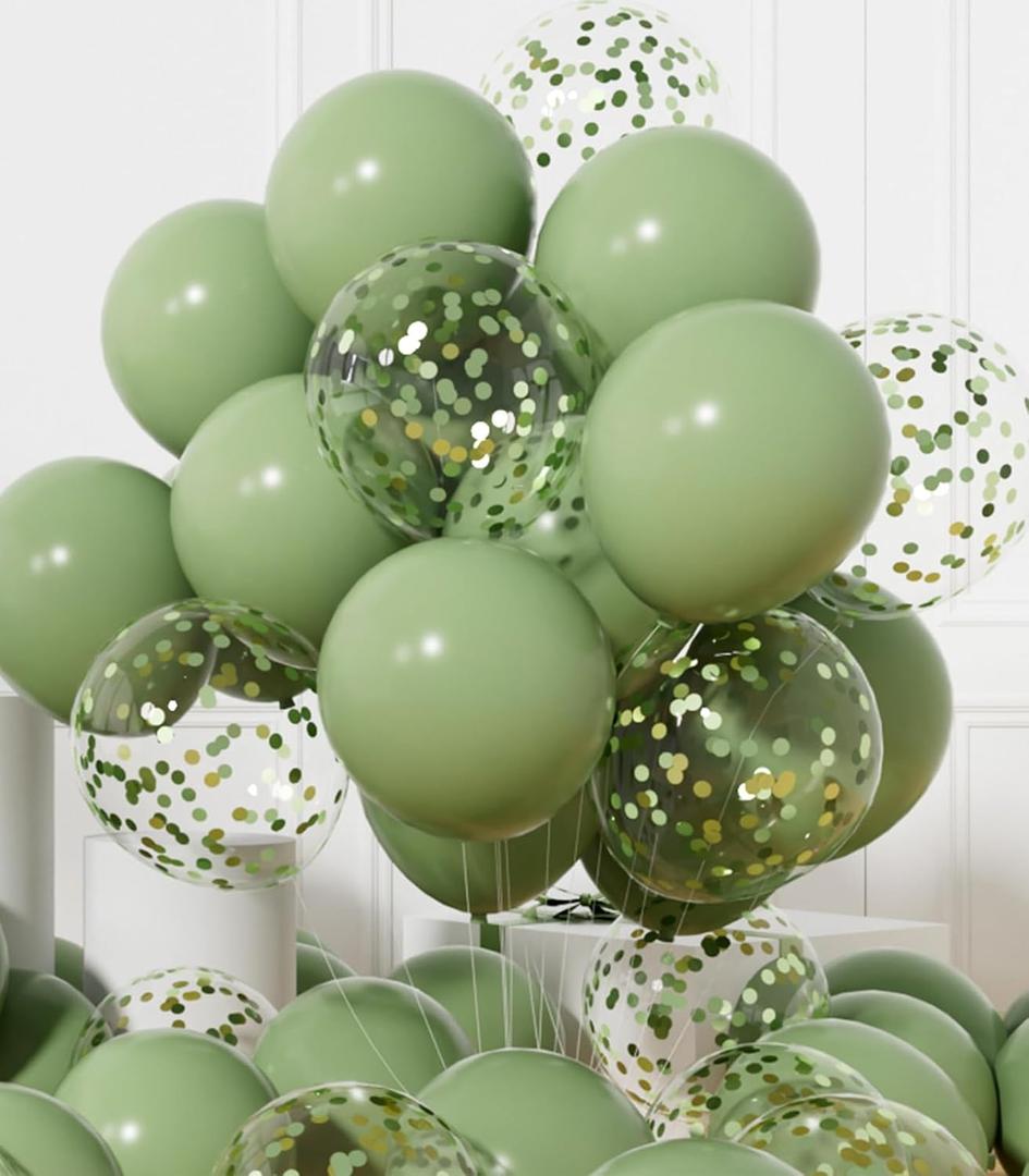 AULE Party Balloons Pack of 42-12in Sage Green Confetti Balloons & Sage Green Latex Balloons and 64ft Ribbons-12 Inches Balloons Decorations set