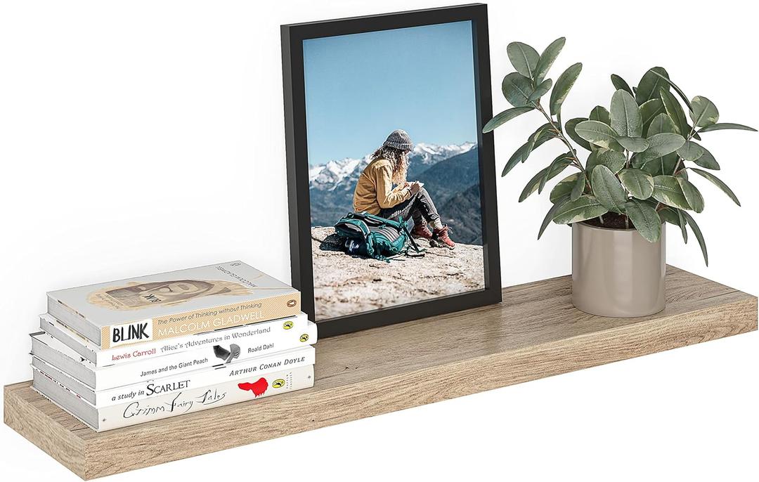 Ballucci Floating Shelf, 36" Wood Wall Shelf with Invisible Brackets for Bathroom, Living Room, Bedroom, Kitchen, Nursery, 8" Deep, Oak Finish (36" - 1 Piece)
