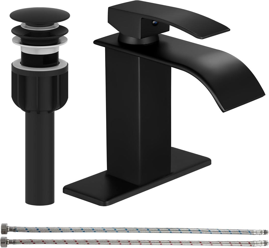 sagetta Waterfall Bathroom Sink Faucet Single Hole Black with Three Hole Cover Deck Plate, Pop up Drain and Water Hoses Stainless Steel Vanity
