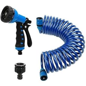 PiscatorZone EVA Recoil Garden Hose 25ft - Includes 7 Pattern Spray Nozzle,Retractable Curly Water Hose Blue