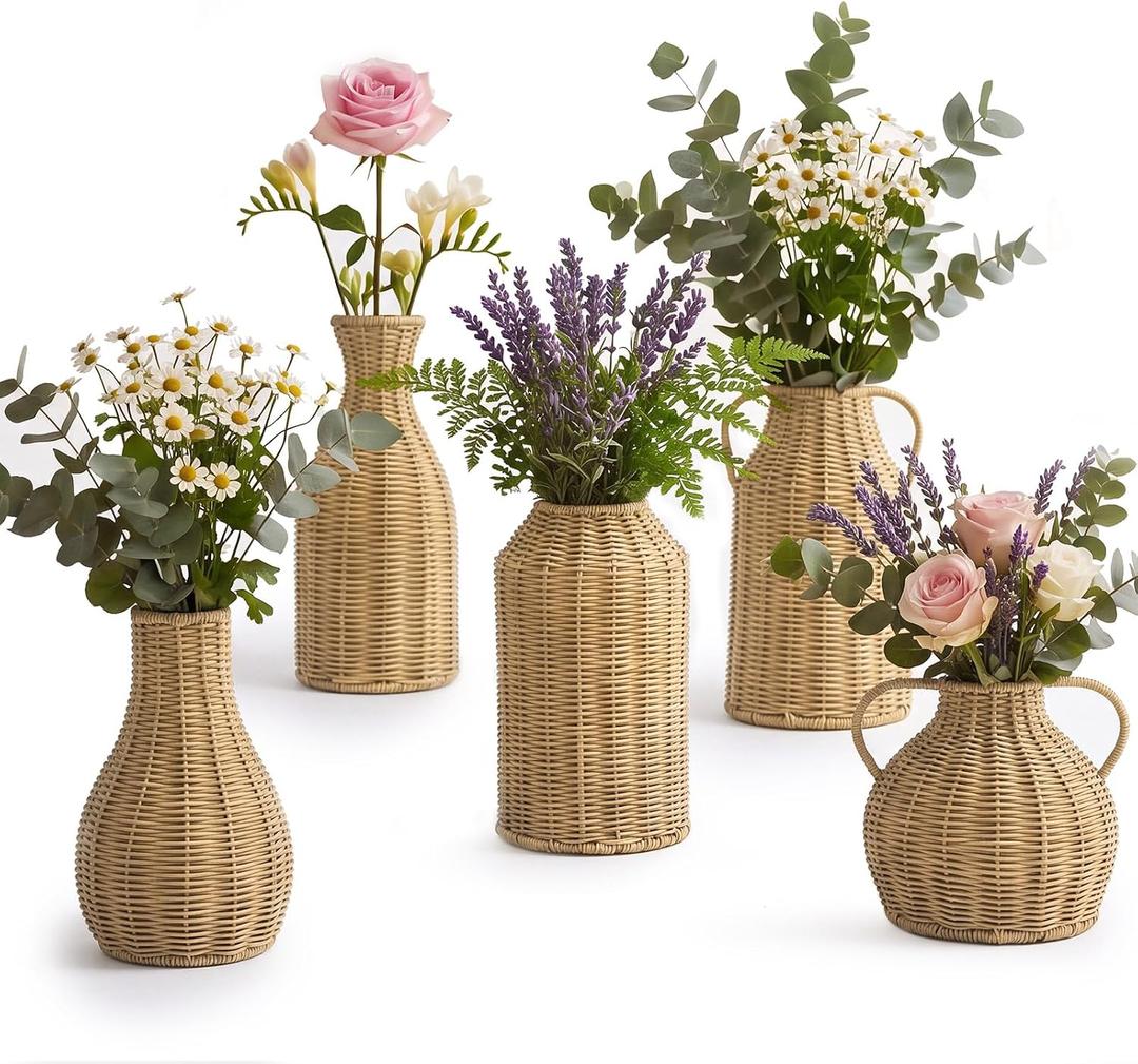 5 Set Faux Rattan Vases, Wicker Flower Vase Set for Farmhouse Decor