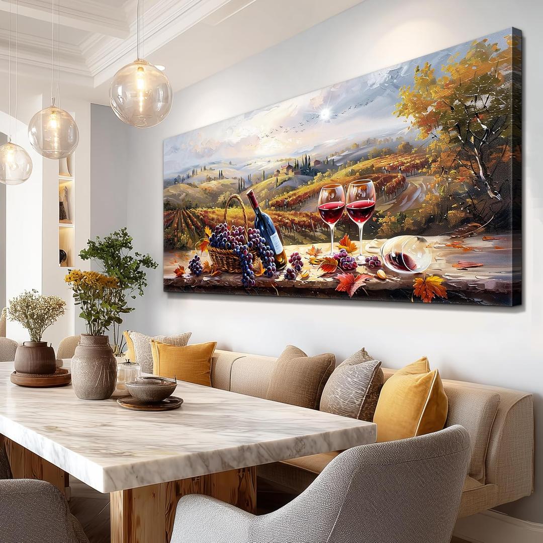 hyidecorart Rustic Wine Large Canvas Wall Art Dining Room Kitchen Still Life Painting Vintage Farmhouse Restaurant Decoration Colorful Artwork Prints for Bar Living Room Posters Landscape Wall Decor