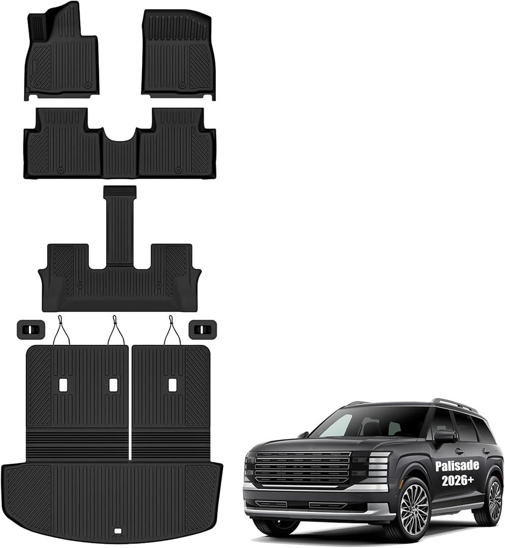 Auxko All Weather Floor Mats Cargo Mat with Backrest Mat for Hyundai Palisade Gasoline 2026 7/8 Seats All Season TPE Accessories Odorless Anti-Slip Floor Liners Trunk Liner with Back Seat Protector