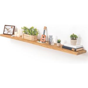 Fun Memories Floating Shelves for Wall, 72"x9.3" Rustic Solid Elm Wood Shelves, Heavy-Duty Wall Mounted Shelves with Invisible Brackets for Living Room, Bedroom, Kitchen, Natural Finish (Flat Edge, 72"W, 1Pack)