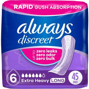 Always Discreet Adult Incontinence Pads for Women, Extra Heavy Absorbency, Long Length, Postpartum Pads, 45 Count (Packaging May Vary) (6-drop)
