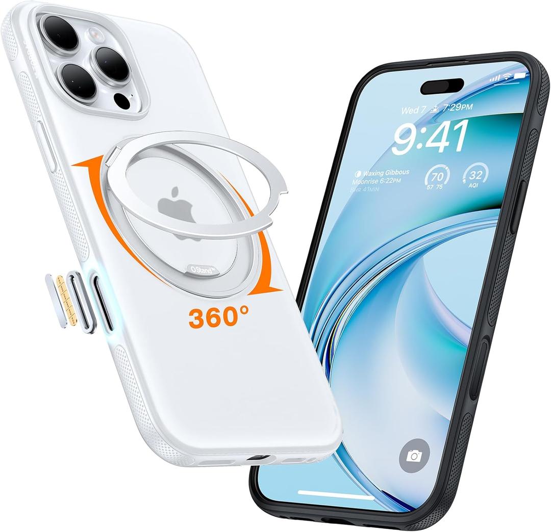 TORRAS 360 Magnetic Stand for iPhone 16 Pro Max Case[Fit for MagSafe][Camera Control Button][Mil-Grade Protection] Slim, Rotatable Kickstand, Translucent Glacier White 6.9", Ostand OFitness Series