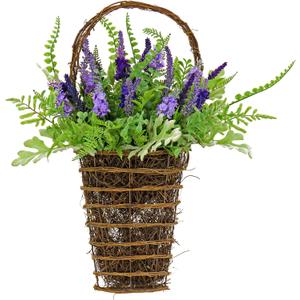 National Tree Company Artificial Hanging Wall Basket, Wicker Base, Decorated with Astilbe Flowers, Ferns, Leafy Greens, Spring Collection, 20 Inches