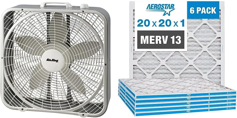 Air King 9723 20-Inch 3-Speed Box Fan, White & Aerostar 20x20x1 MERV 13 Pleated Air Filter, AC Furnace Air Filter, 6 Pack (Actual Size: 19 3/4" x 19 3/4" x 3/4")