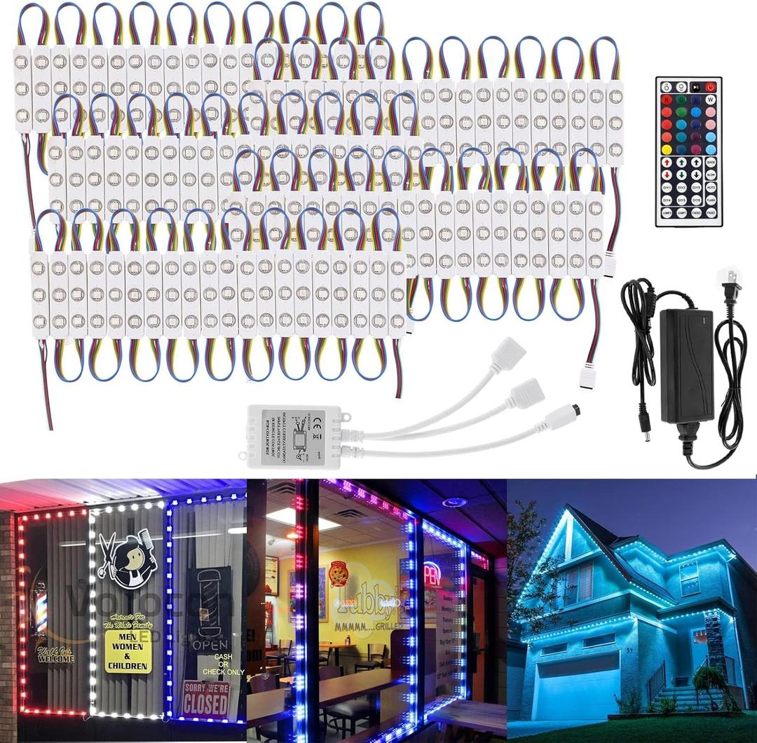 WICHEMI 50FT LED Light Modules for Business Window Light Commercial Storefront Lights 100PCS LED Module for Signs 0.92W 3 LED 5050 SMD RGB Adhesive Waterproof Strip Lights for Store Advertising Dcor