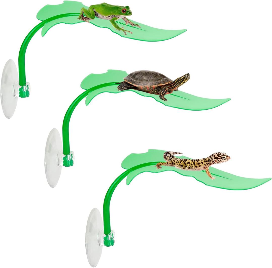 2 x Tree Frog Tank Accessories & Turtle Basking Platform 3PCS Set Leaf Decor - Reptile Habitat Decoration, Terrarium Accessories with Suction Cups for Turtles, Frogs, Geckos & Toads (Leaf)