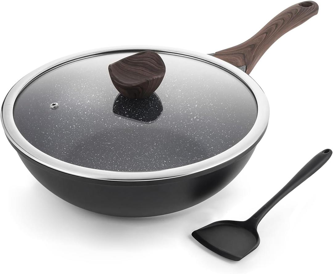 Nonstick Wok with Lid, 12 Inch Woks & Stir-fry Pans, Granite Stone Coating for Cooking, Induction Cookware, Compatible with All Stovetops, PFOA Free (Black)