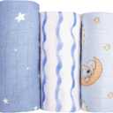 hahaland Muslin Swaddle Blankets Bamboo - 3-Pack, 1 Large (47" x 47") & 2 Standard (38" x 40") - Breathable Silky Soft Receiving Blankets Swaddles for Newborns Baby Boy Gifts Newborn Essentials, Blue