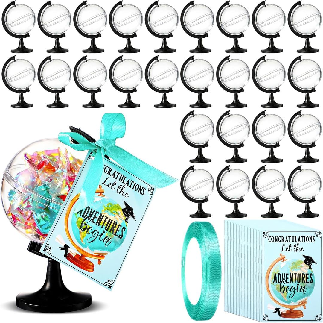 Gerrii 36 Sets Graduation Candy Box Gift Set 2026 Globe Graduation Candy Jar with Ribbons DIY Grad Treat Container Let The Adventures Begin Grad Party Decoration Birthday Gift Fillable with Treats