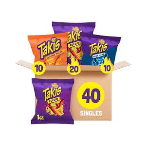Takis Variety 40ct 1oz 28.4g HOT CHILI PEPPER ARTIFICIALLY FLAVORED TORTILLA CHIPS Best before: FEB 24 26 RL