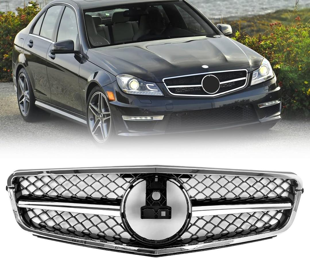 W204 Grill Front Grille Compatible with 2008 2009 2010 2011 2012 2013 2014 Mercedes Benz W204 C Class C250 C300 C350 (AMG Style-Chrome Black)