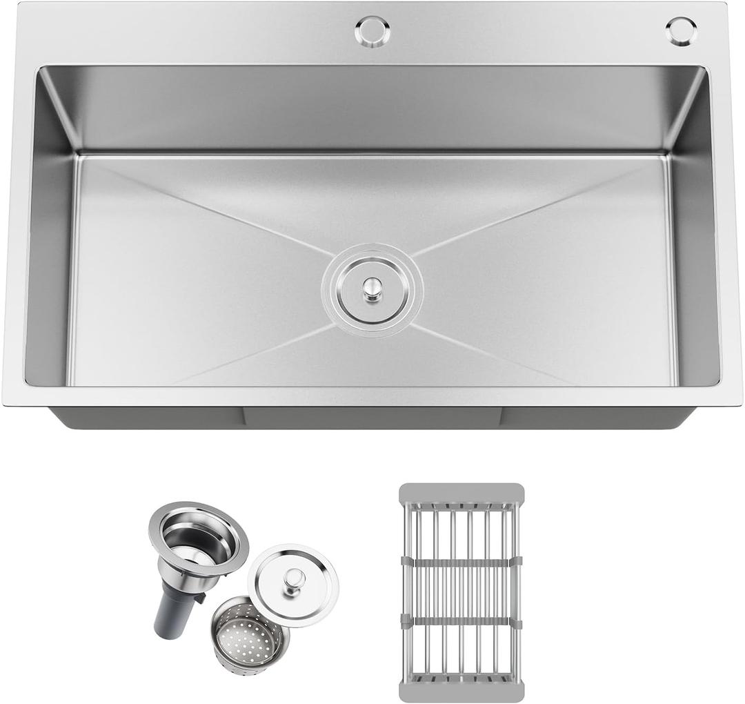 30-inch Single Bowl Workstation Kitchen Sink, Drop-in/Top-Mount Stainless Steel with Nano Coating & Basket Strainer, 30"x18"x9"