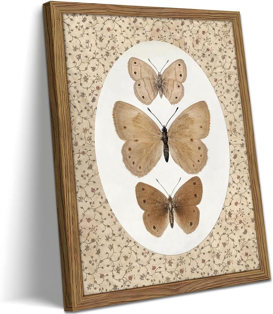 Vintage Wall Art Framed Butterfly Pictures Wall Decor, Antique Bathroom Decor, Moody Cottage Core Painting Canvas Prints, Insect Farmhouse Artwork for Bedroom Living Room 16x24 Inch