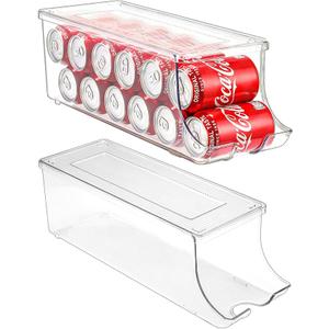 2 Pack Soda Can Organizer Dispenser for Refrigerator, Clear Plastic Canned Food Pop Beverage Container Holder Storage Bin with Lid for Freezer Rack Pantry Cabinet Cupboard Kitchen -Standard  17×6
