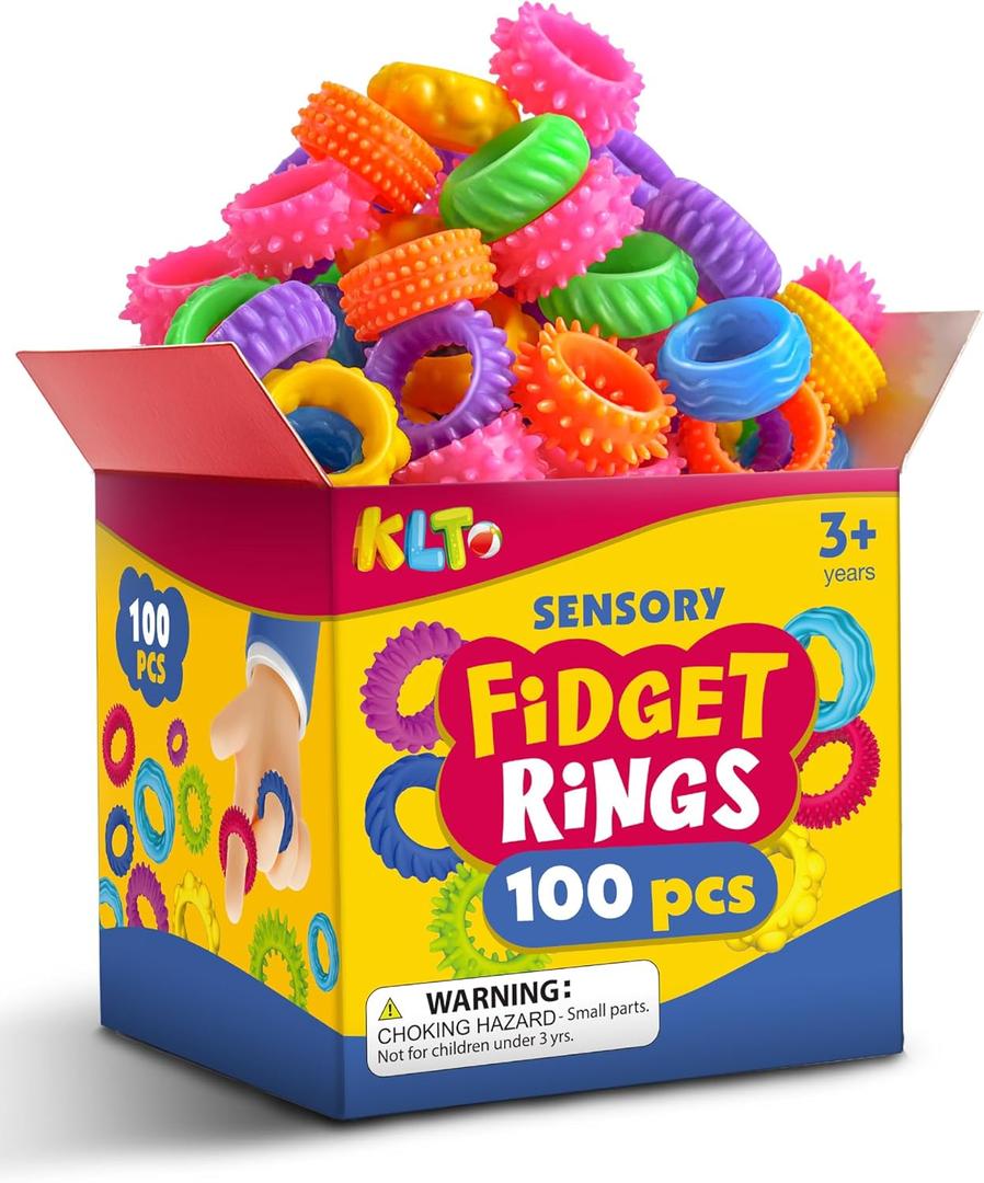 KLT Fidget Toys Bulk for Kids: 100pcs Textured Fidget Ring - Classroom Treasure Box Prize Quiet - Sensory Toys for Autism Stress Relief - Christmas Stocking Stuffers Bulk Kids Party Favors